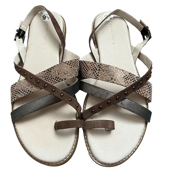 Sanctuary Biz Sandals Womens 9.5M  Stud Flat Metallic Snake Strappy Slingback - Picture 1 of 7